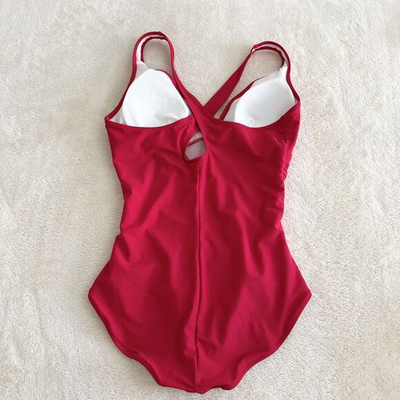 Women’s Red One Piece Swimsuit XL Ruched Tummy Control V Neck Cross Back - Picture 2 of 5